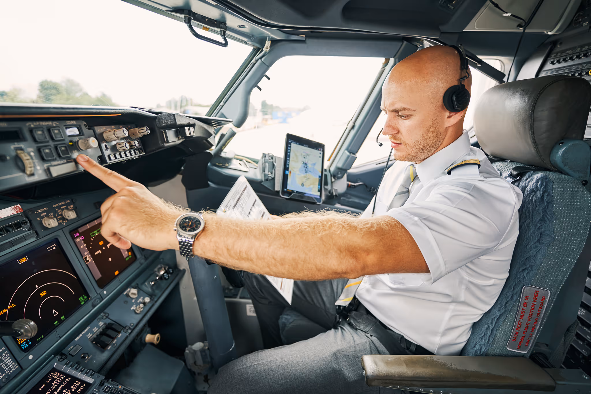 Pilot issuing a voice command to AI co-pilot during flight