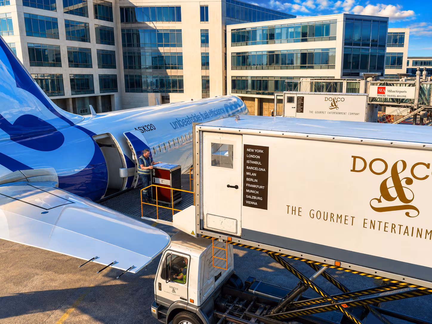 Catering and cabin service truck working an airliner's cabin door
