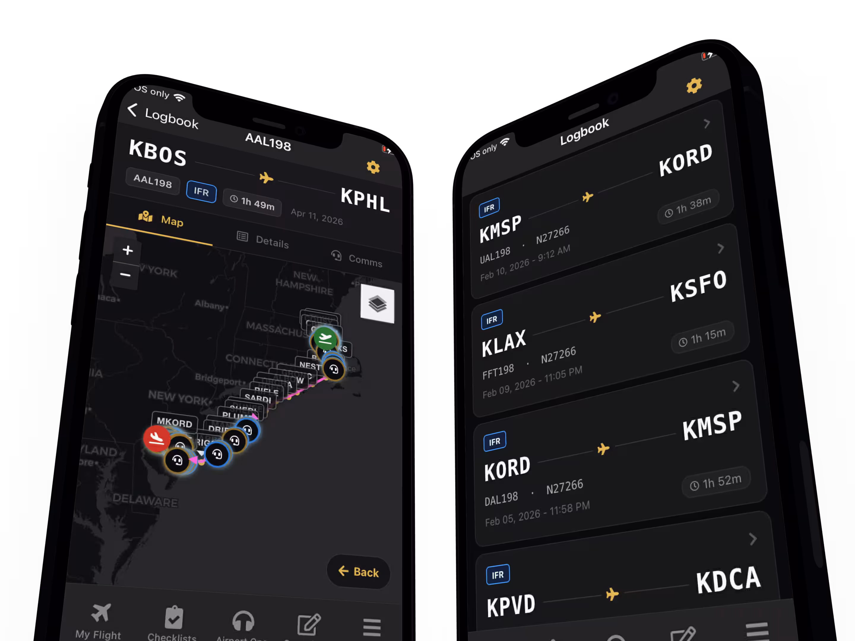 PocketSky logbook with past flights, route maps, stats, and audio playback